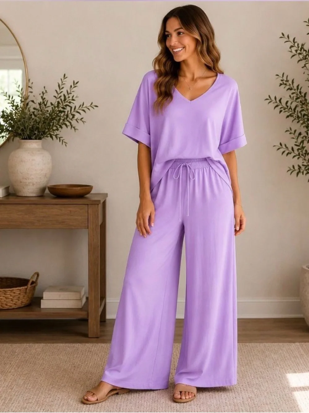Dear Scarlett Lavender Wide Leg Lounge Set | V-Neck Top & Palazzo Pants